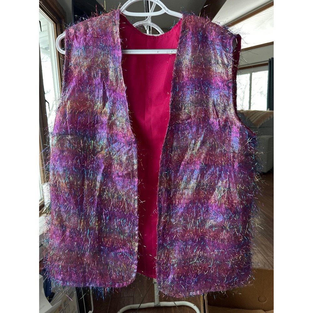 Vintage Sparkly‎ Iridescent Shaggy Fringe Vest Open Party homemade pink pony